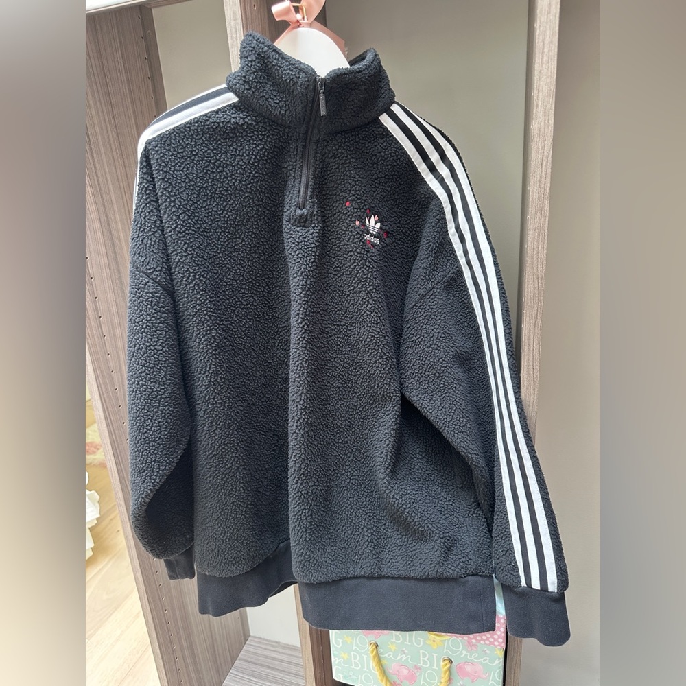 adidas Black Sherpa Fleece Pullover with White Trefoil Tag - Picture 3 of 5